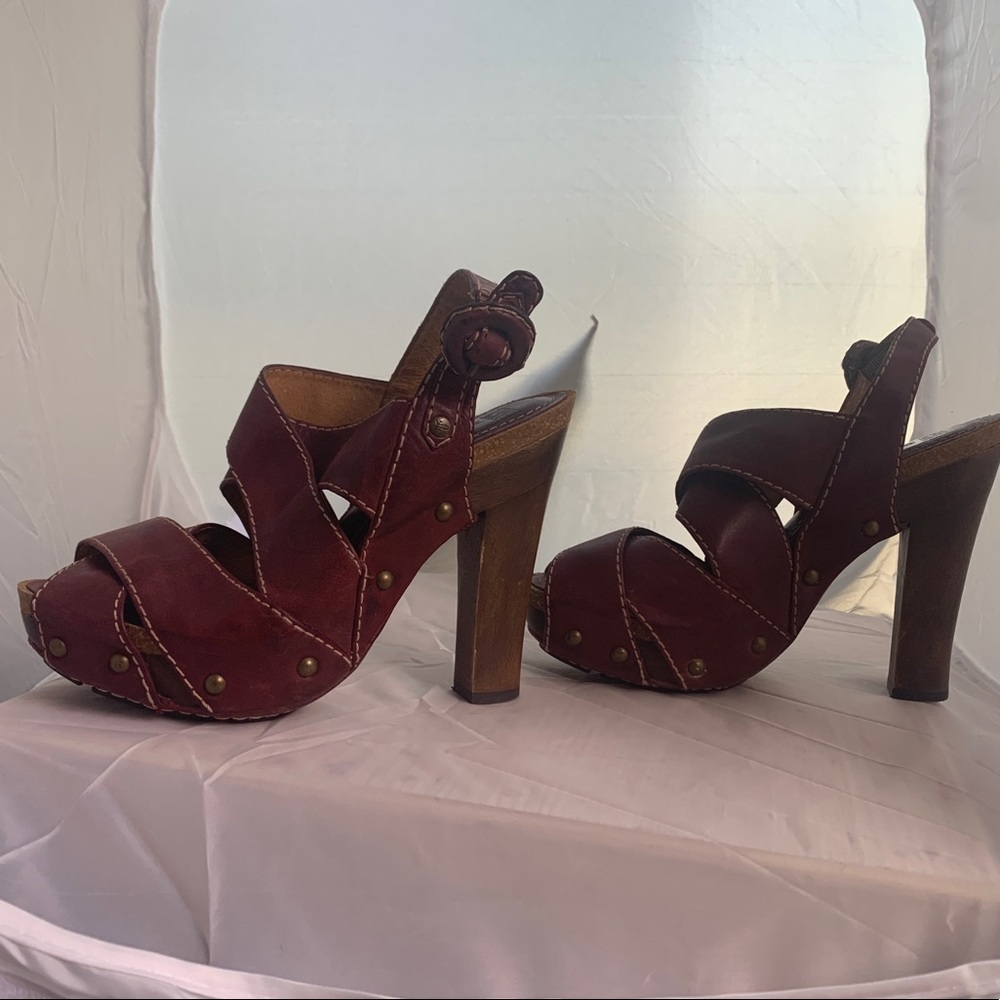 Frye strapped burgundy leather platform heels with wooden. Heels. Size 8